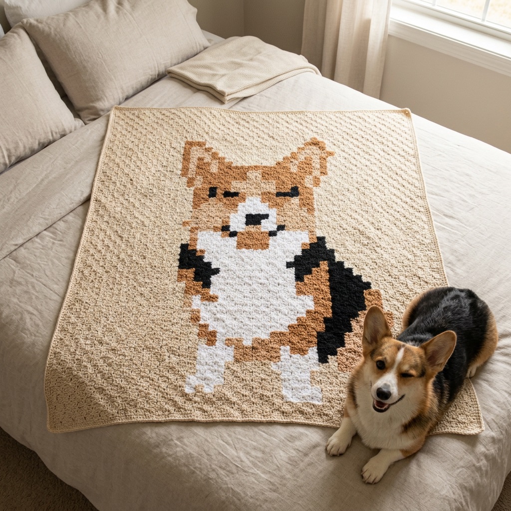 Preview of the finished corgi blanket on a bed