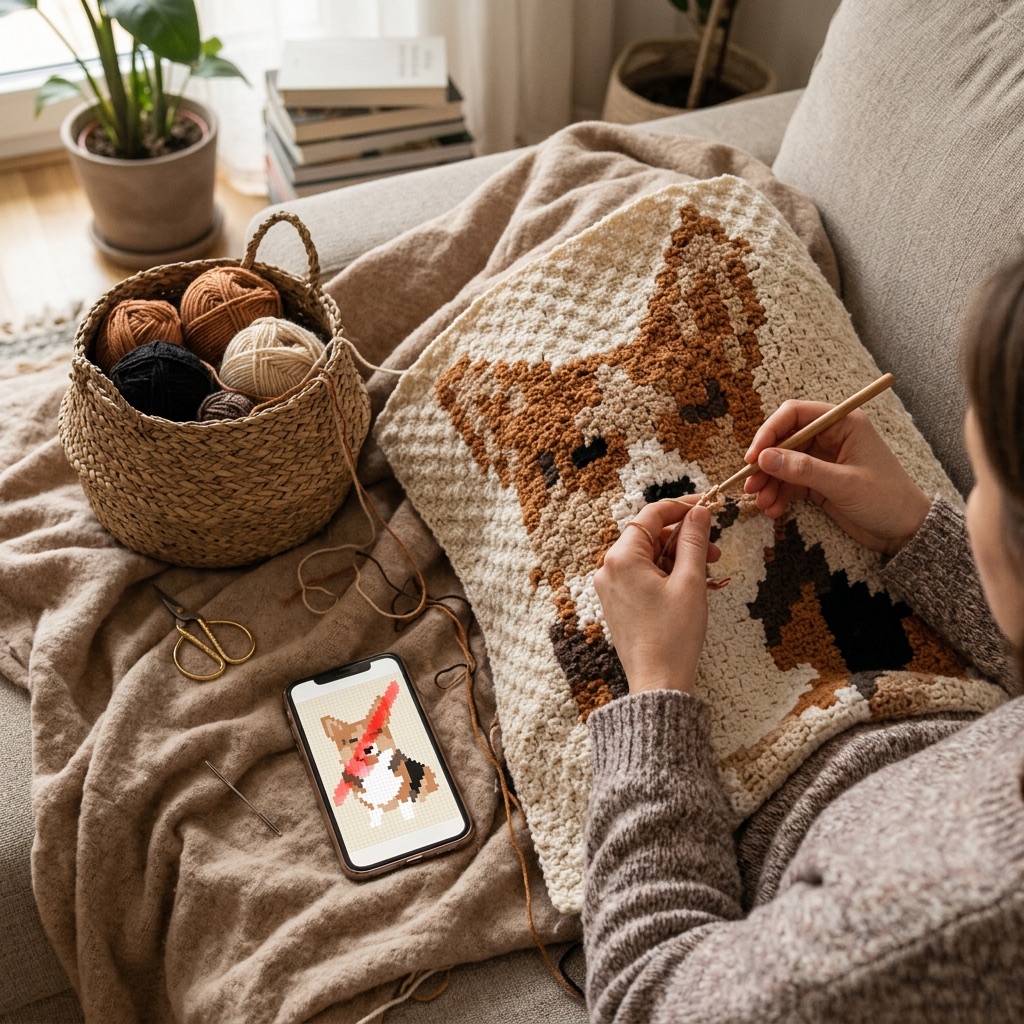 Hands crocheting the corgi blanket with the chart on a phone