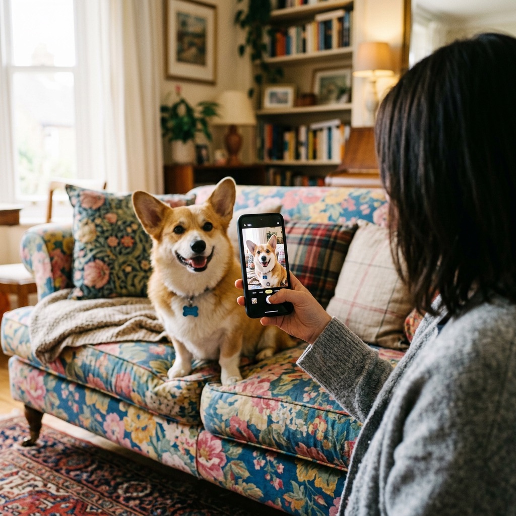 Taking a phone photo of a corgi on a sofa