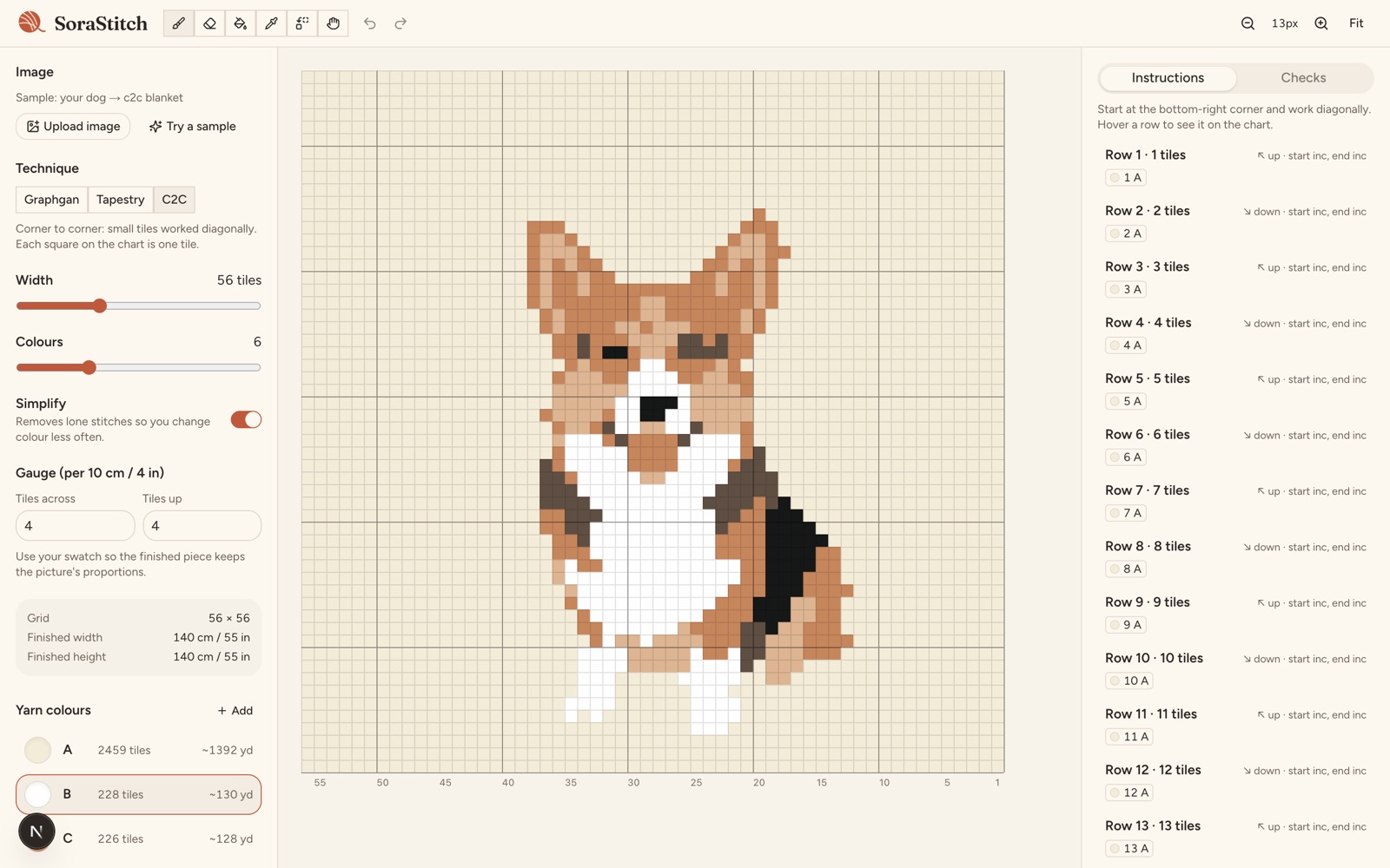 The SoraStitch studio with the corgi chart open